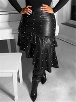 Queensofly Pearl Studded Ruffle PU Skirt