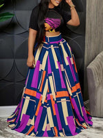 Queensofly Graphic Crop Top & Colorblock Slit Skirt Set
