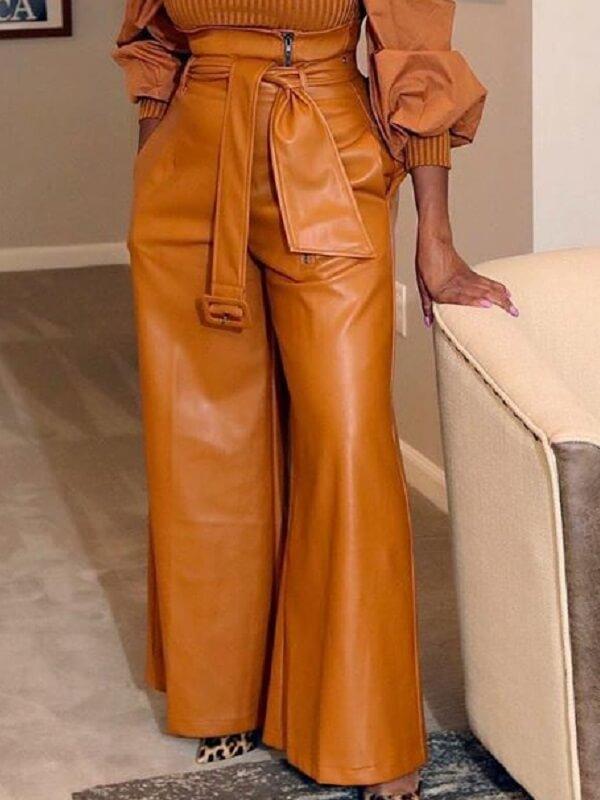 Queensofly Faux-Leather Wide-Leg Belted Pants