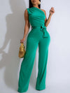 Queensofly Solid One-Shoulder Tied Jumpsuit