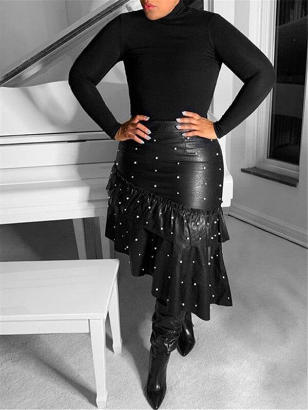 Queensofly Pearl Studded Ruffle PU Skirt