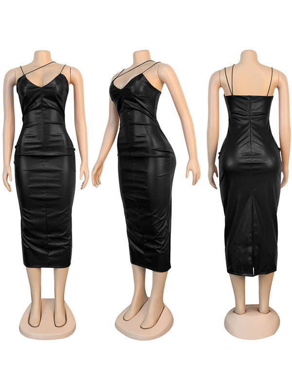 Queensofly Black Faux-Leather Cami Dress