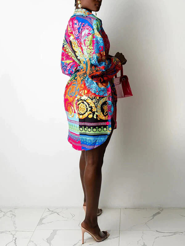 Queensofly Printed Belted Shirt Dress