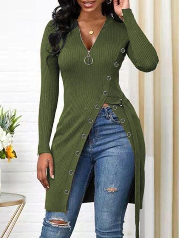 Queensofly Zip-Front Slit Ribbed Tunic