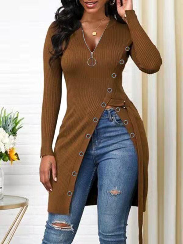 Queensofly Zip-Front Slit Ribbed Tunic