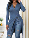 Queensofly Zip-Front Slit Ribbed Tunic