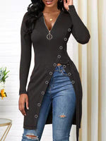 Queensofly Zip-Front Slit Ribbed Tunic