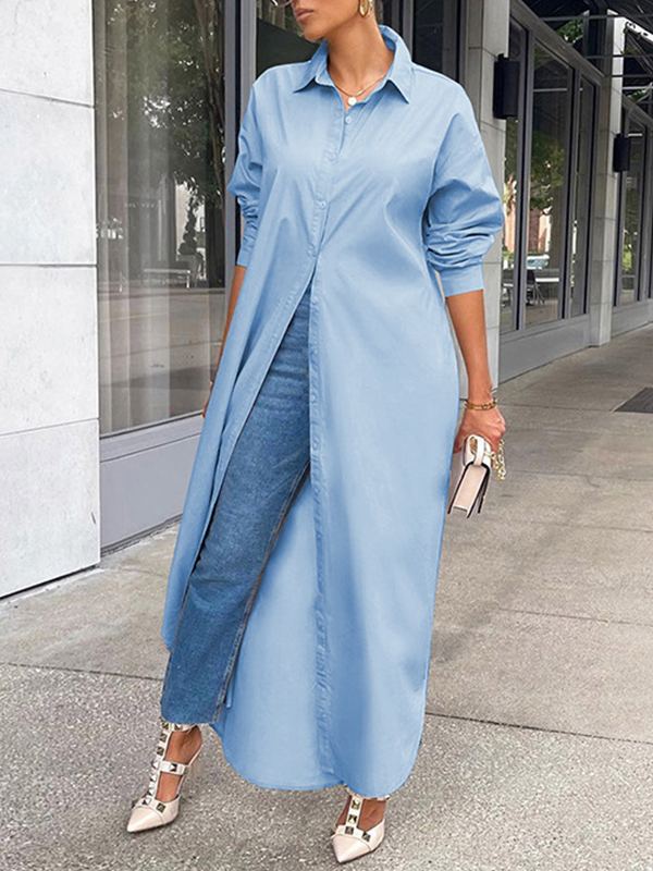 Queensofly Solid Slit Shirt Dress