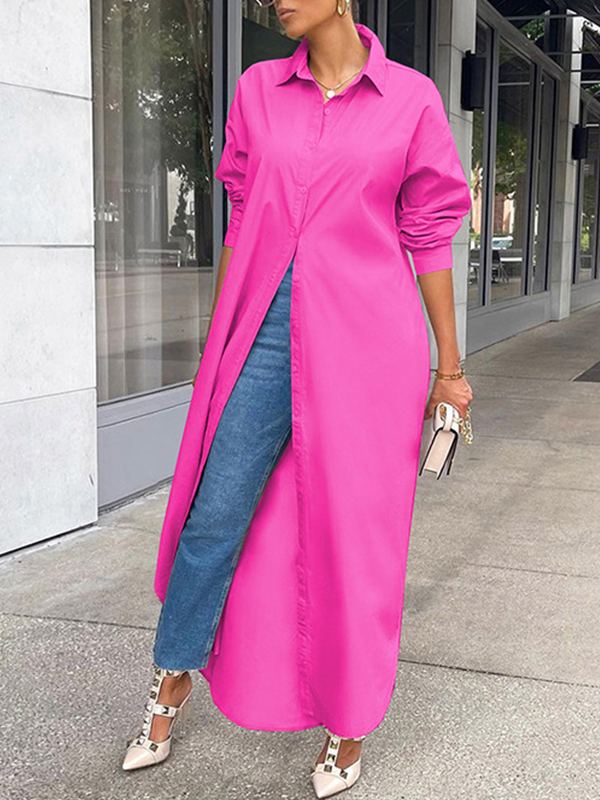 Queensofly Solid Slit Shirt Dress