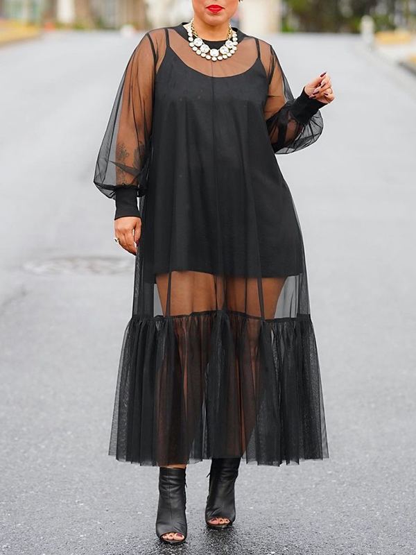 Queensofly Ruffle Sheer Dress with Cami Dress