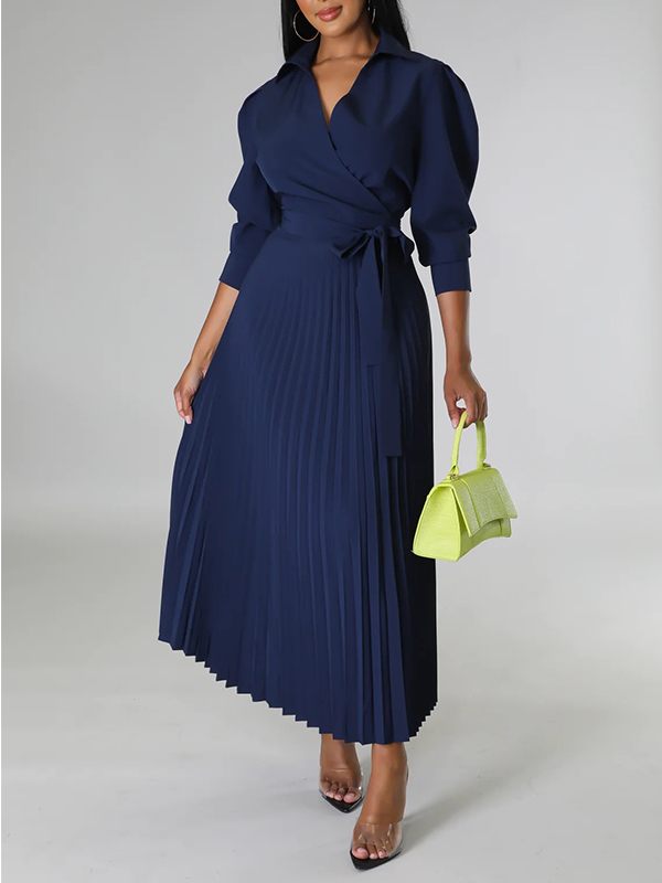 Queensofly Solid Pleated Shirt Dress