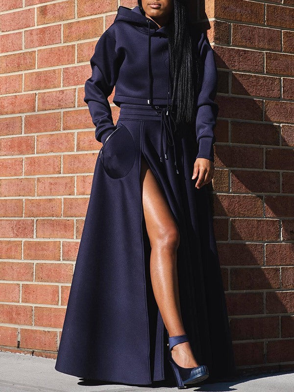 Queensofly Solid Hoodie & Slit Skirt Set