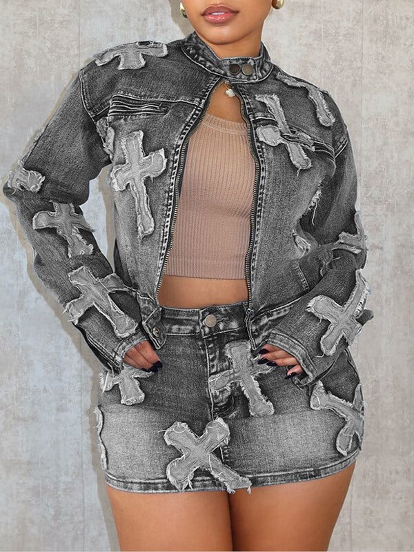 Queensofly Cross Denim Jacket & Skirt Set