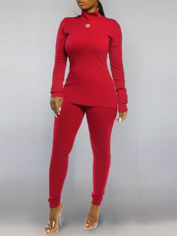 Solid Turtleneck Top & Pants Set