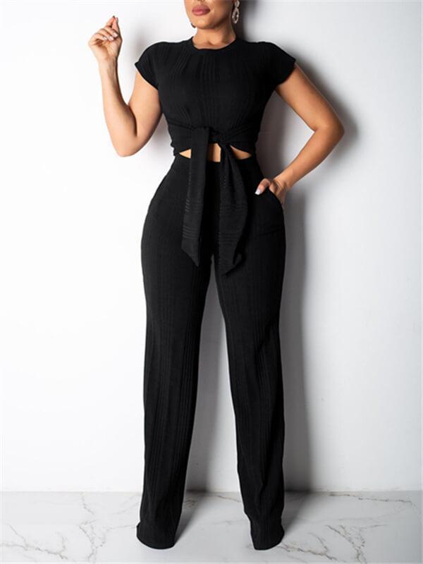 Ribbed Tied Top & Pants Set-Clearance