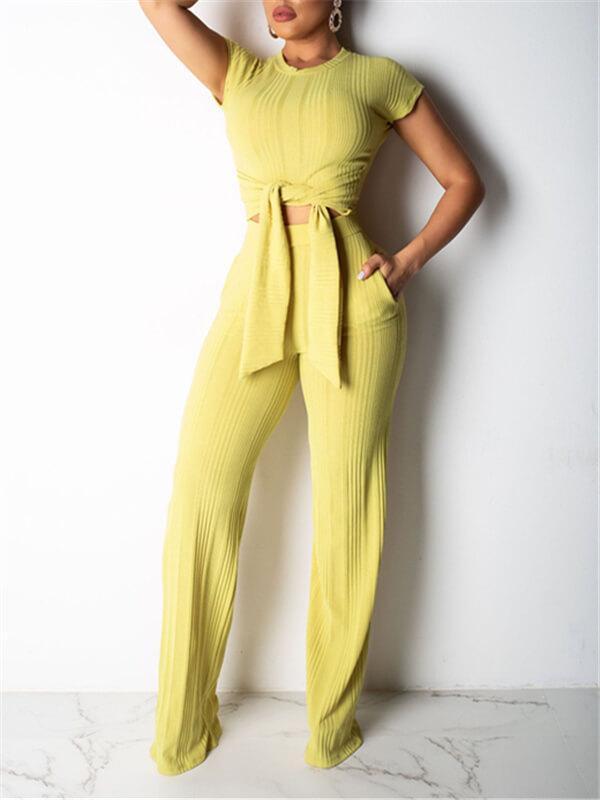 Ribbed Tied Top & Pants Set-Clearance