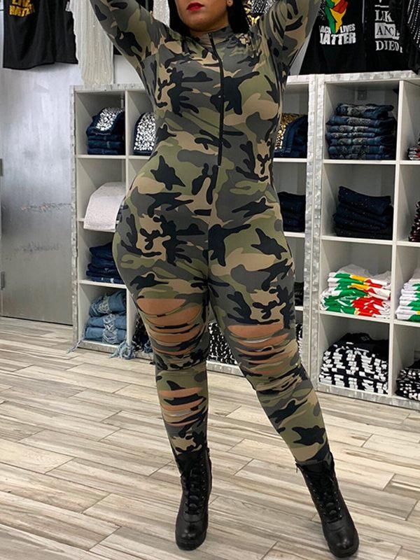 Camo Zip-Front Ripped Jumpsuit