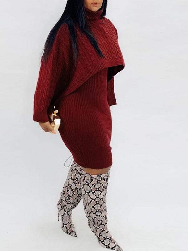 Queensofly Knit Poncho & Sweater Dress Set